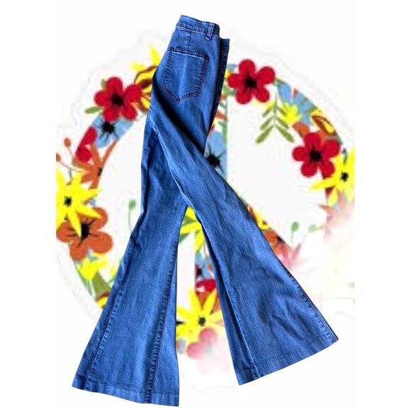 Three Bird Nest Jeans Girls XL Denim Bell bottoms High Waist Flare Legs … - Picture 1 of 12